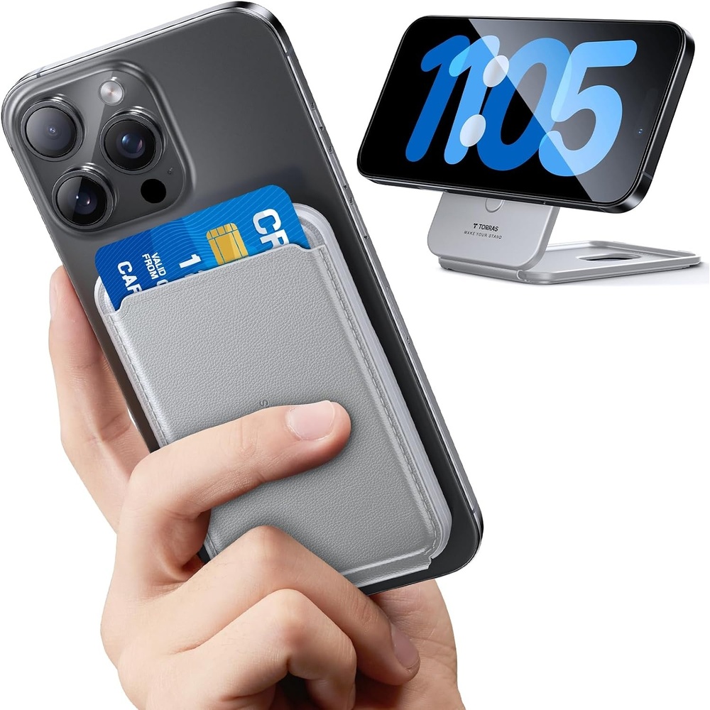 image:imageTORRAS for MagSafe Wallet 360Spin Magnetic Stand 18N Strongest Magnet 3 Card Holder Leather Minimalist Slim Wallet for iPhone 1615141312 Samsung Galaxy amp Google with Magnetic Case GreyGrey