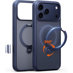 TORRAS 360 Spin Magnetic Stand for iPhone 16 Pro Case, 6.3″, Compatible with MagSafe, Mil-Grade Protective Hard PC Soft Edge Case for iPhone 16 Pro, Built-in Kickstand & Ring Holder, Clear 2024(Blue)