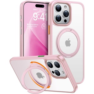 TORRAS 360°Rotatable Ring Designed for iPhone 15 Pro Case, Compatible with MagSafe 15 Pro Case with Stand Translucent Slim Protective Ring Holder Military Grade Shockproof Cover for 15 Pro 2023, Pink