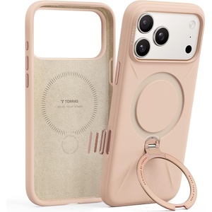 TORRAS Liquid Silicone for iPhone 16 Pro Case with 360 Spin Magnetic Ring Stand with Camera Control, Fit for MagSafe, OStand Q3 Silicone Non-Slip Protective Case for iPhone 16 Pro, Obsidian Black(Bliss Pink)