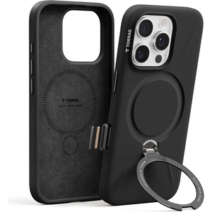 TORRAS Liquid Silicone for iPhone 16 Pro Case with 360 Spin Magnetic Ring Stand with Camera Control, Fit for MagSafe, OStand Q3 Silicone Non-Slip Protective Case for iPhone 16 Pro, Obsidian Black(Black)