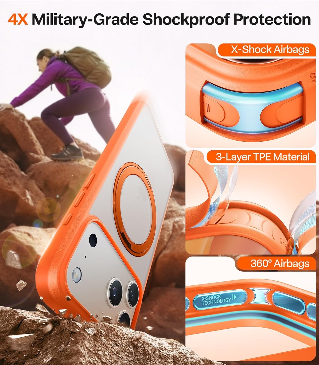 image:imageTORRAS 360 Rotatable Ring for iPhone 14 Pro Max Phone Case Compatible with Magsafe with Stand Magnetic Ring Holder Military Grade Shockproof Translucent Back Slim Ostand R ClearNeon Orange