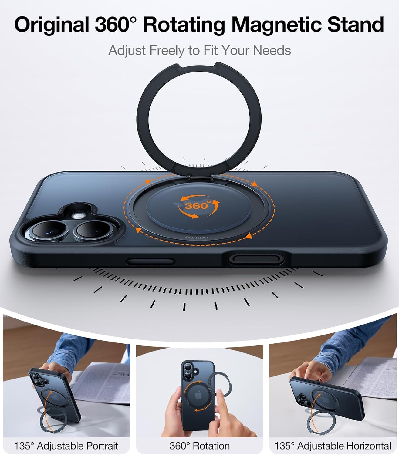image:imageTORRAS 360 Rotatable Ring for iPhone 14 Pro Max Phone Case Compatible with Magsafe with Stand Magnetic Ring Holder Military Grade Shockproof Translucent Back Slim Ostand R ClearBlack