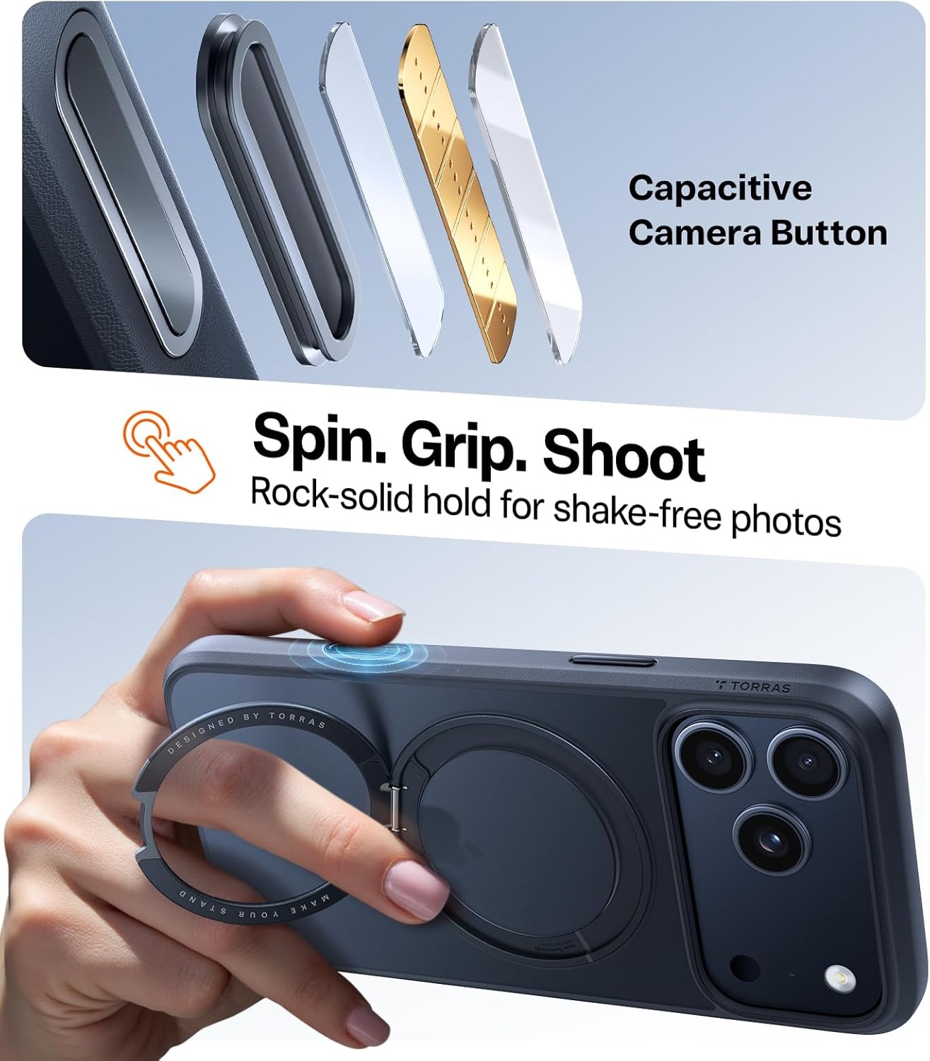 image:imageTORRAS 360 Rotatable Ring for iPhone 14 Pro Max Phone Case Compatible with Magsafe with Stand Magnetic Ring Holder Military Grade Shockproof Translucent Back Slim Ostand R ClearBlack