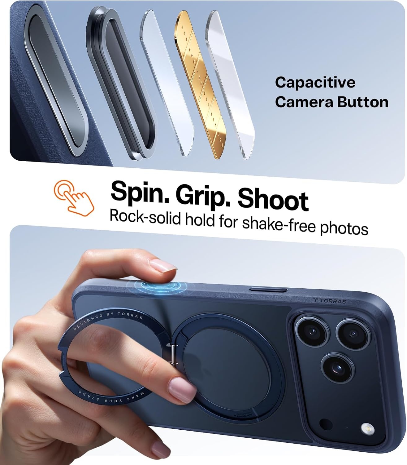image:imageTORRAS 360 Rotatable Ring for iPhone 14 Pro Max Phone Case Compatible with Magsafe with Stand Magnetic Ring Holder Military Grade Shockproof Translucent Back Slim Ostand R ClearBlue