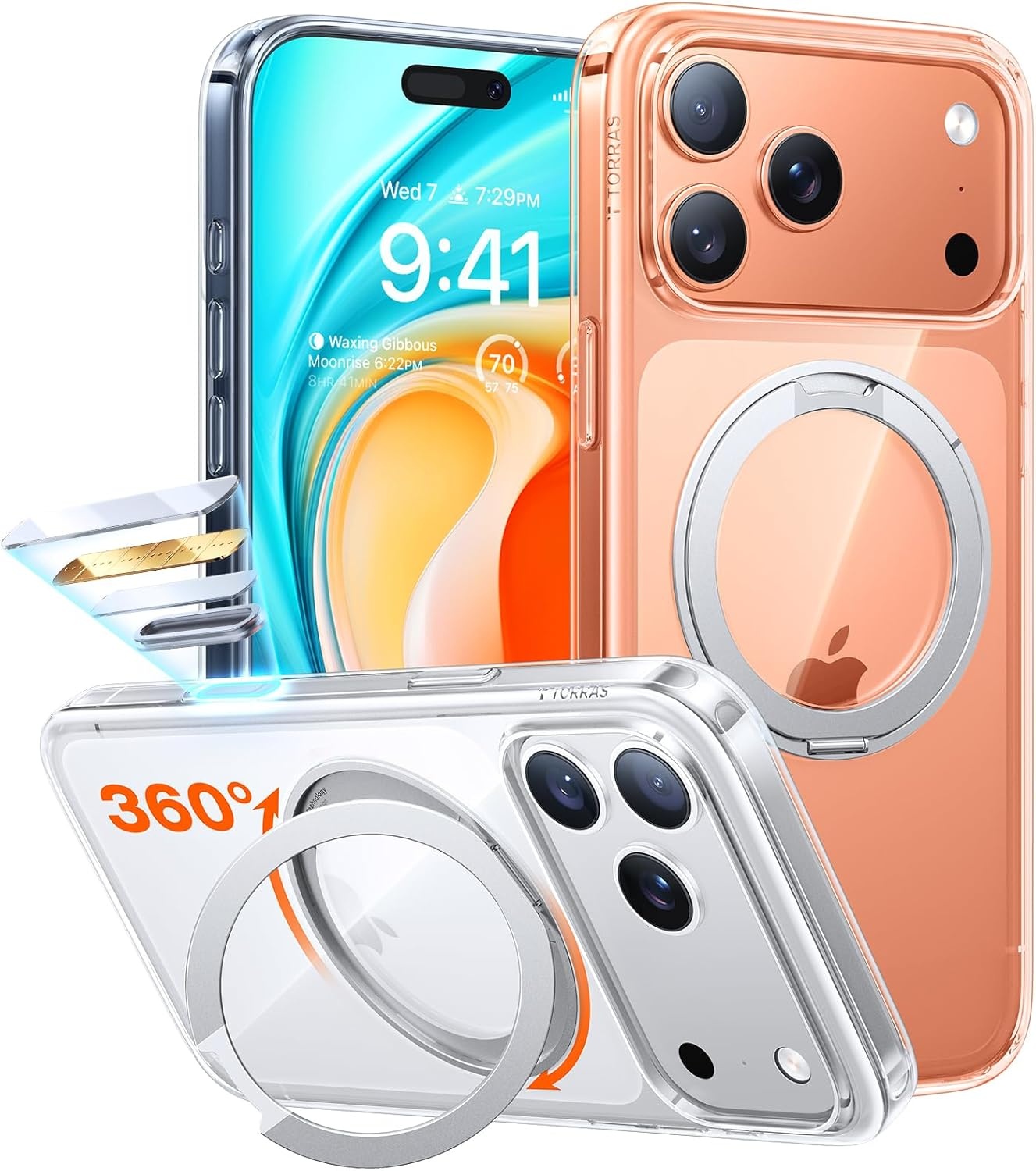 image:imageTORRAS 360 Rotatable Ring for iPhone 14 Pro Max Phone Case Compatible with Magsafe with Stand Magnetic Ring Holder Military Grade Shockproof Translucent Back Slim Ostand R ClearCrystal Clear