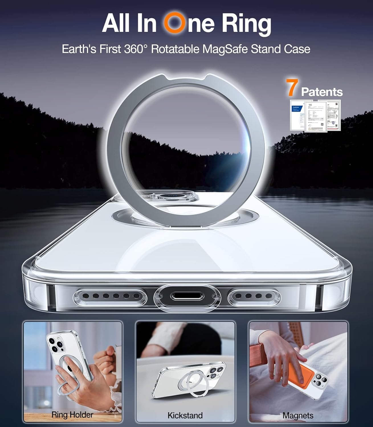 image:imageTORRAS 360 Rotatable Ring for iPhone 14 Pro Max Phone Case Compatible with Magsafe with Stand Magnetic Ring Holder Military Grade Shockproof Translucent Back Slim Ostand R ClearCrystal Clear