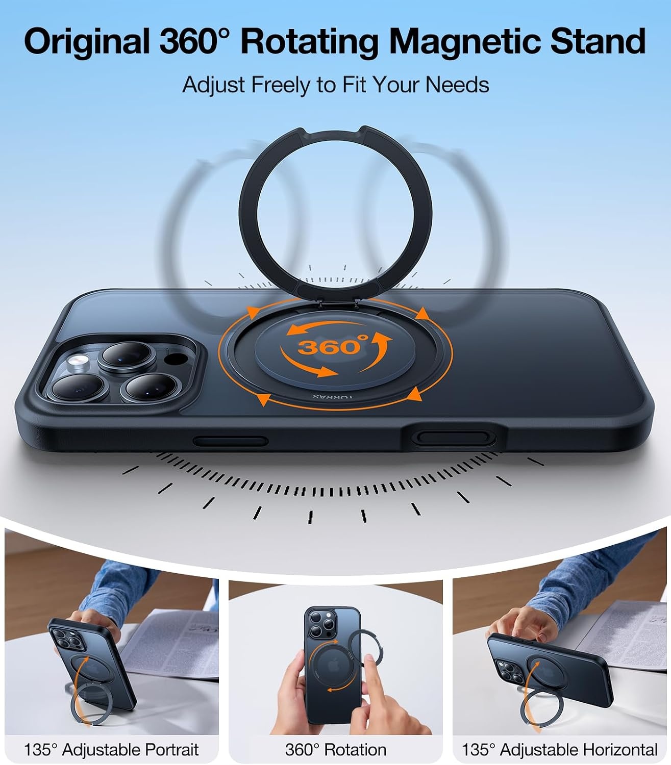 image:imageTORRAS 360 Rotatable Ring for iPhone 14 Pro Max Phone Case Compatible with Magsafe with Stand Magnetic Ring Holder Military Grade Shockproof Translucent Back Slim Ostand R ClearBlack
