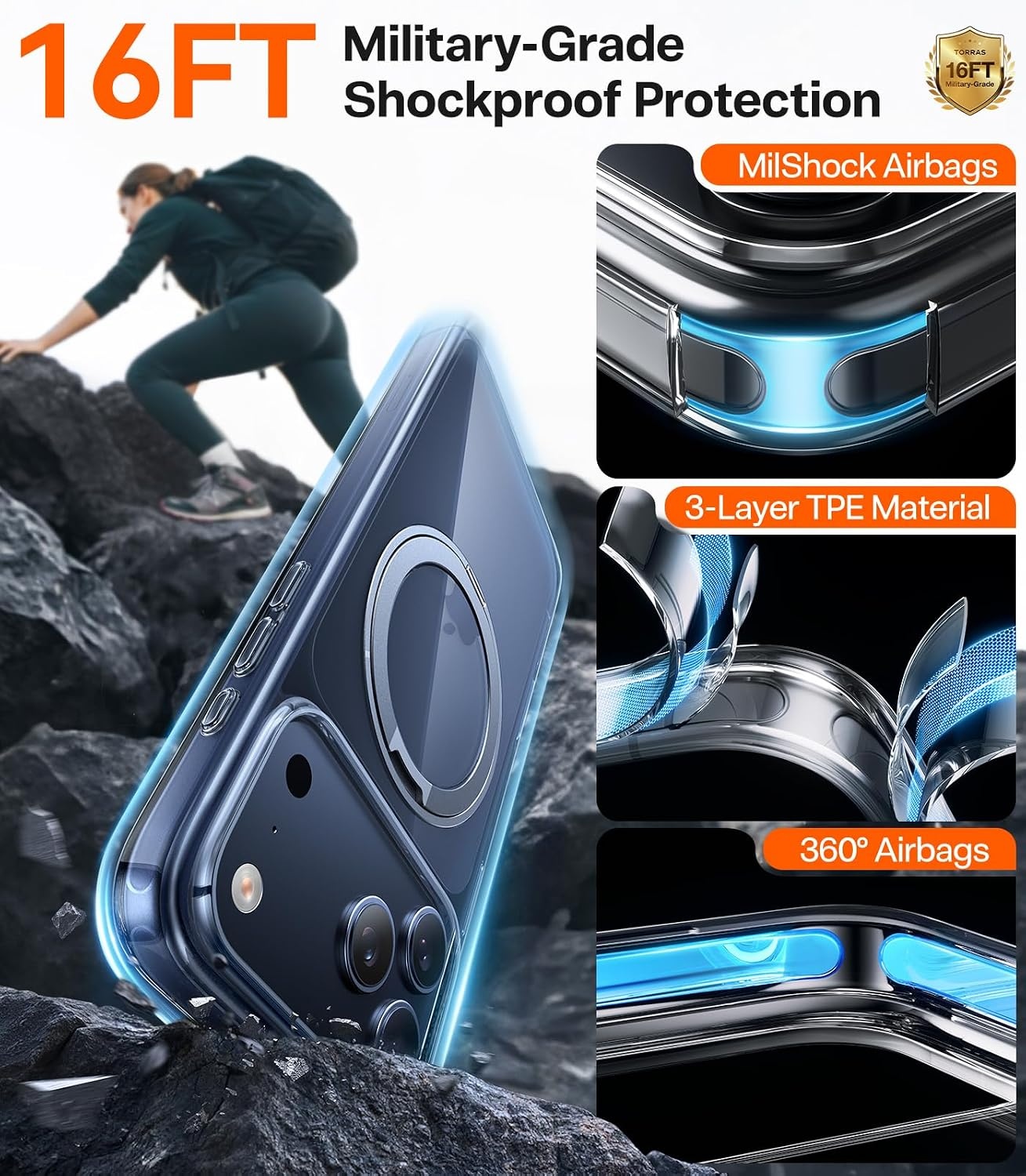 image:imageTORRAS 360 Rotatable Ring for iPhone 14 Pro Max Phone Case Compatible with Magsafe with Stand Magnetic Ring Holder Military Grade Shockproof Translucent Back Slim Ostand R ClearCrystal Clear