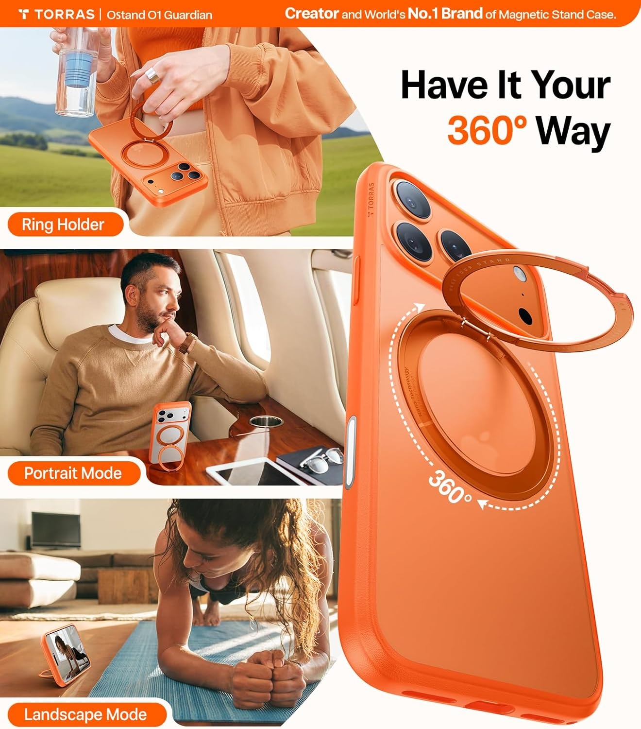 image:imageTORRAS 360 Rotatable Ring for iPhone 14 Pro Max Phone Case Compatible with Magsafe with Stand Magnetic Ring Holder Military Grade Shockproof Translucent Back Slim Ostand R ClearNeon Orange