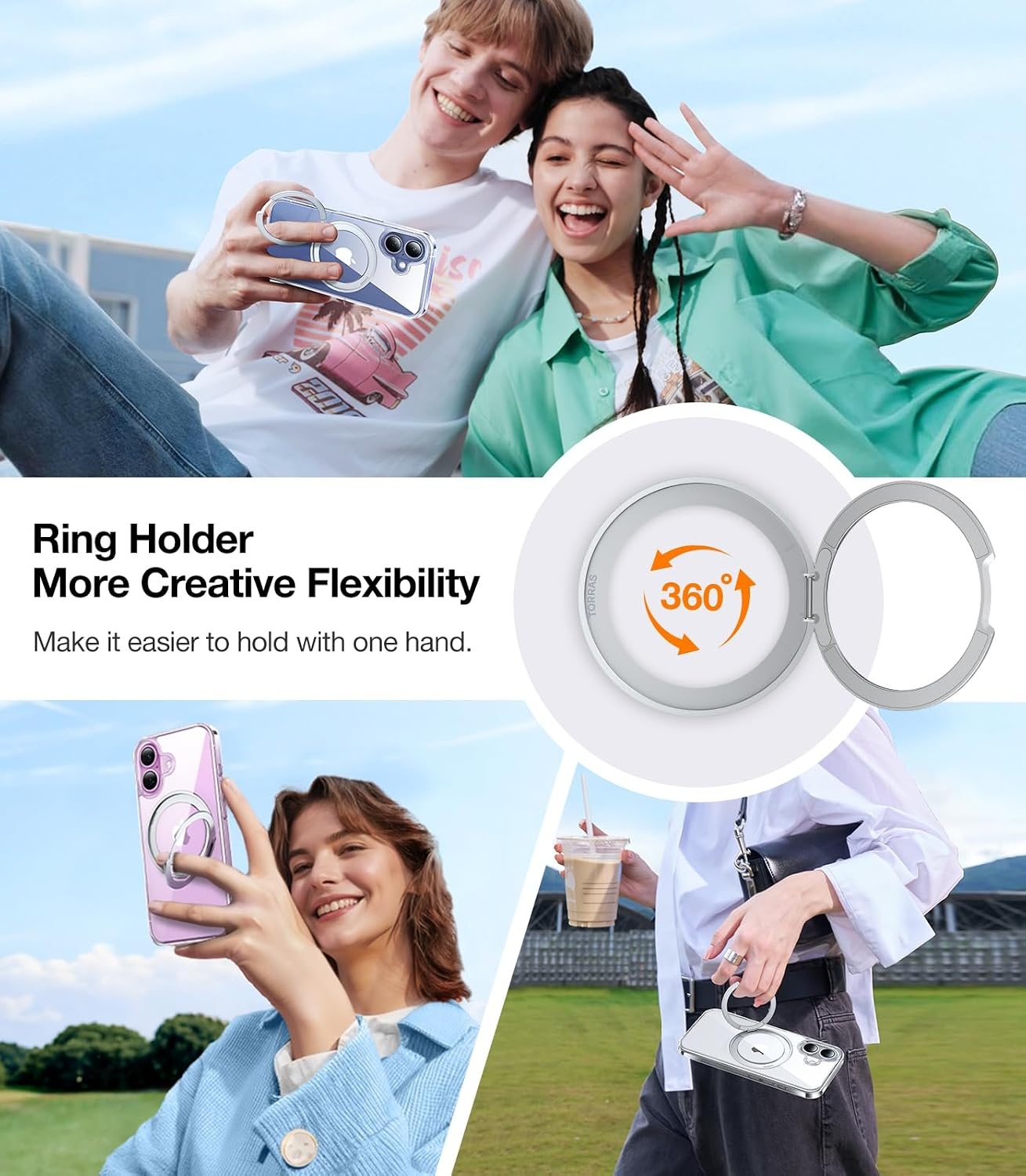 image:imageTORRAS 360 Rotatable Ring for iPhone 14 Pro Max Phone Case Compatible with Magsafe with Stand Magnetic Ring Holder Military Grade Shockproof Translucent Back Slim Ostand R ClearCrystal Clear