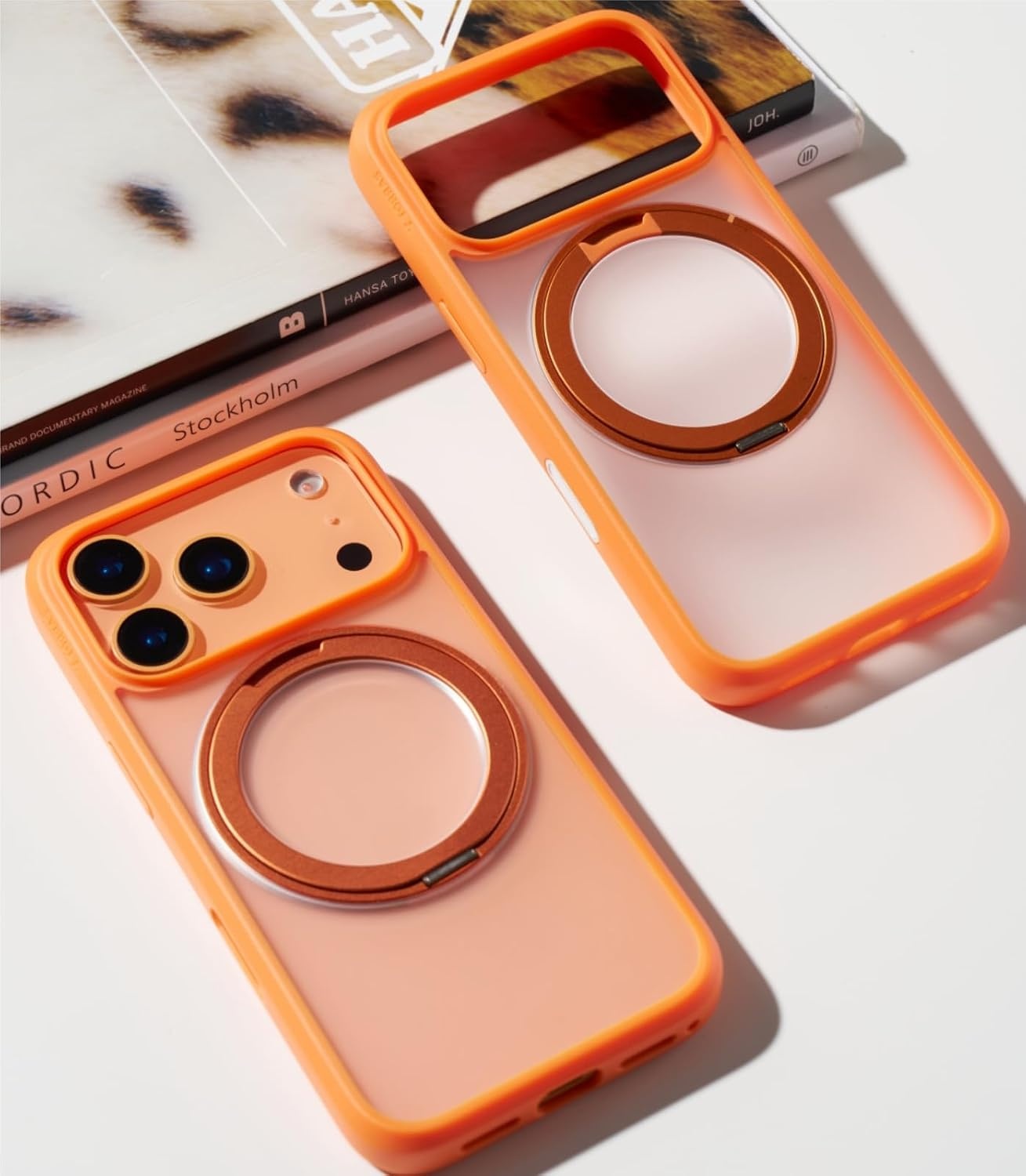 image:imageTORRAS 360 Rotatable Ring for iPhone 14 Pro Max Phone Case Compatible with Magsafe with Stand Magnetic Ring Holder Military Grade Shockproof Translucent Back Slim Ostand R ClearNeon Orange