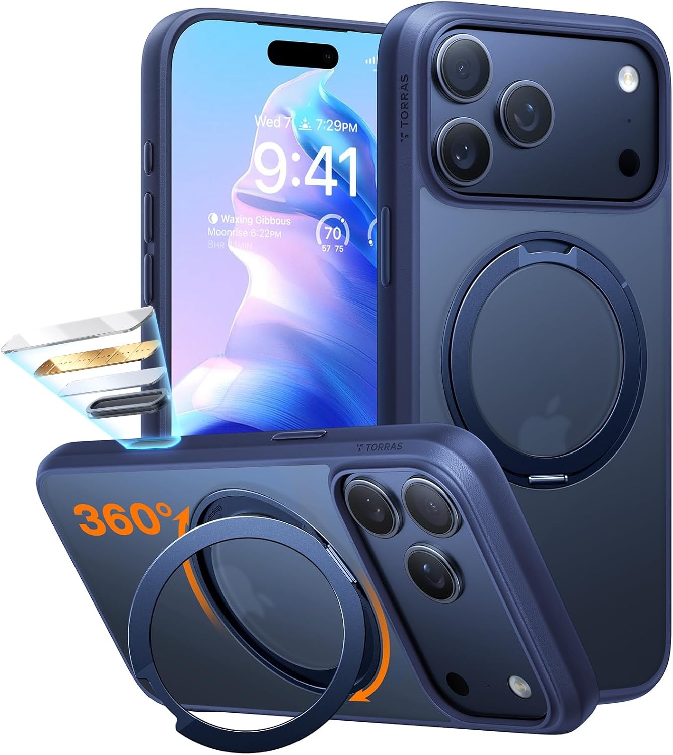 image:imageTORRAS 360 Rotatable Ring for iPhone 14 Pro Max Phone Case Compatible with Magsafe with Stand Magnetic Ring Holder Military Grade Shockproof Translucent Back Slim Ostand R ClearBlue