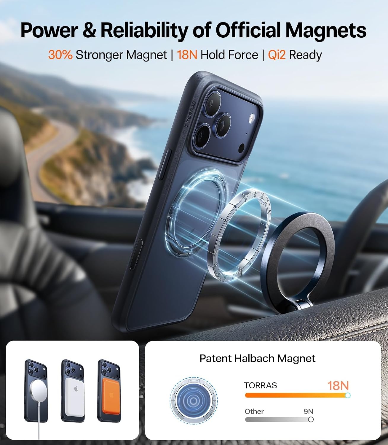 image:imageTORRAS 360 Rotatable Ring for iPhone 14 Pro Max Phone Case Compatible with Magsafe with Stand Magnetic Ring Holder Military Grade Shockproof Translucent Back Slim Ostand R ClearBlack