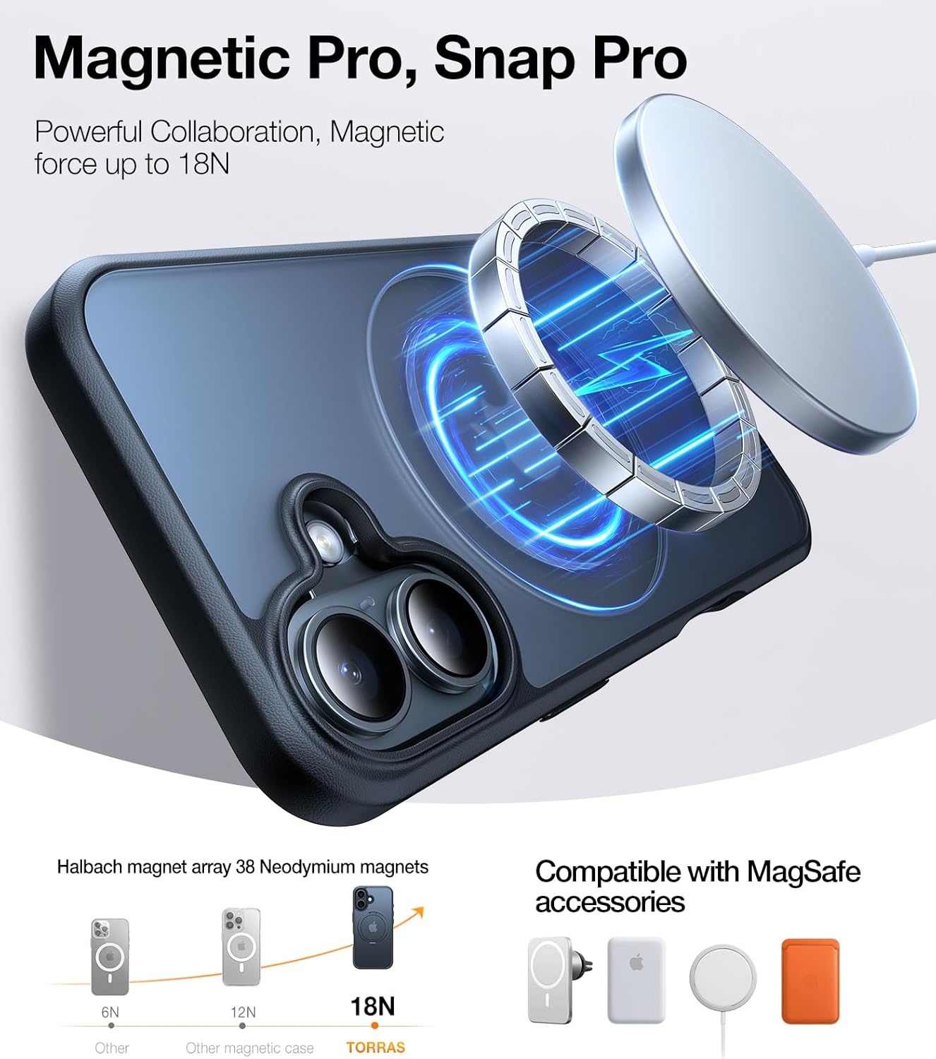 image:imageTORRAS 360 Rotatable Ring for iPhone 14 Pro Max Phone Case Compatible with Magsafe with Stand Magnetic Ring Holder Military Grade Shockproof Translucent Back Slim Ostand R ClearBlack