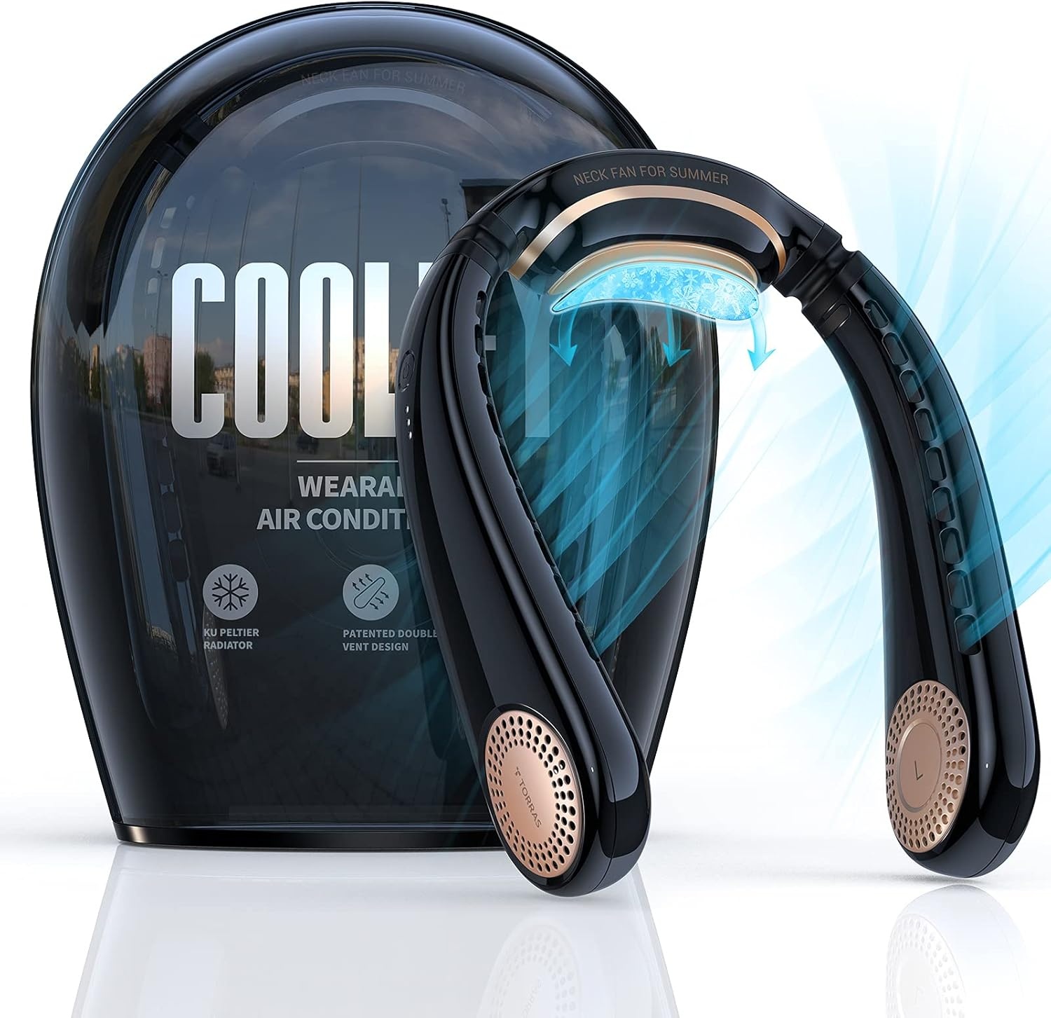 image:imageTORRAS Coolify Portable Neck Fan Air Conditioner Rechargeable Hands Free Semiconductor Cooling Bladeless Fan Leafless Mini USB for OutdoorHomeOffice 3 Speeds Brilliant BlackObsidian