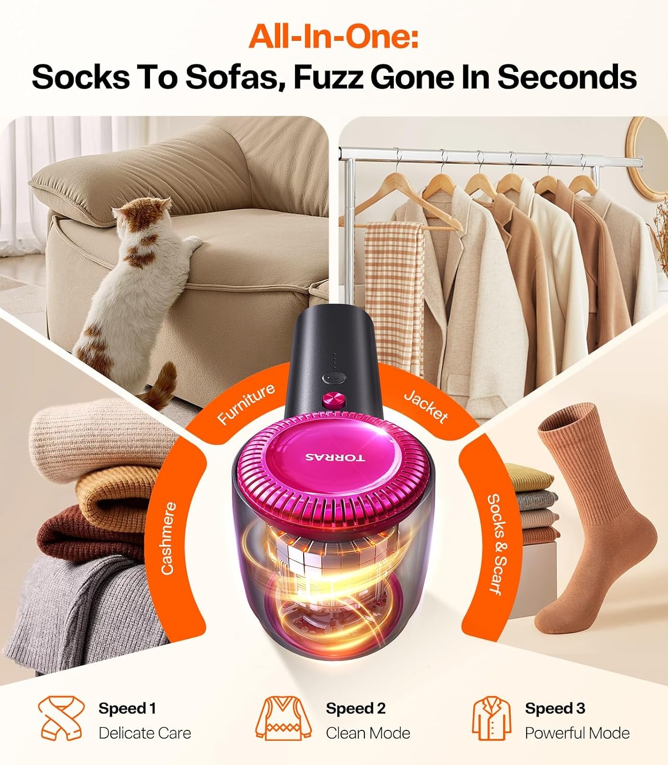 image:imageTORRAS DualHead Fabric Shaver Longest Durability amp 50ml Large Capacity Rechargeable Lint Removers to Remove Pills 6Leaf Blades Defuzzer Electric Shaver for Clothes Couch Furniture BlueBlack