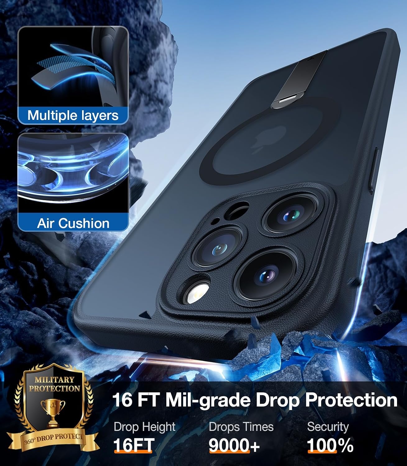 image:imageTORRAS Magnetic 360Stand Case for iPhone 16 Case Full Camera Protection Fit for MagSafe16FT MilGrade Drop Protection Slim Frosted Case for 16 iPhone Phone Case with Kickstand 61 BlackBlack Titanium