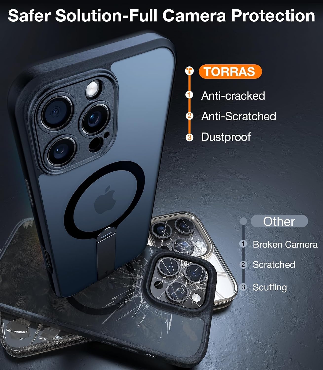 image:imageTORRAS Magnetic 360Stand Case for iPhone 16 Case Full Camera Protection Fit for MagSafe16FT MilGrade Drop Protection Slim Frosted Case for 16 iPhone Phone Case with Kickstand 61 BlackBlack Titanium