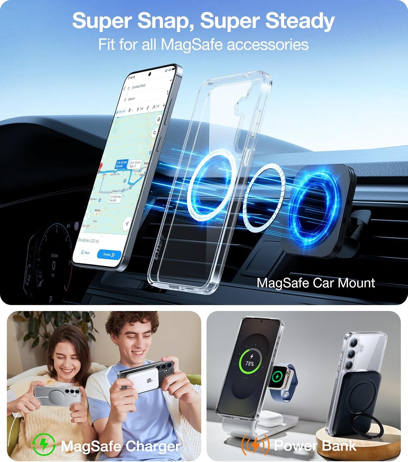 image:imageTORRAS Magnetic Shockproof for Samsung Galaxy S24 Ultra Case 18N Strong Magnetic 12 FT MilGrade Protection Compatible with MagSafe Protective Translucent Matte Slim Case Guardian Mag GrayClear
