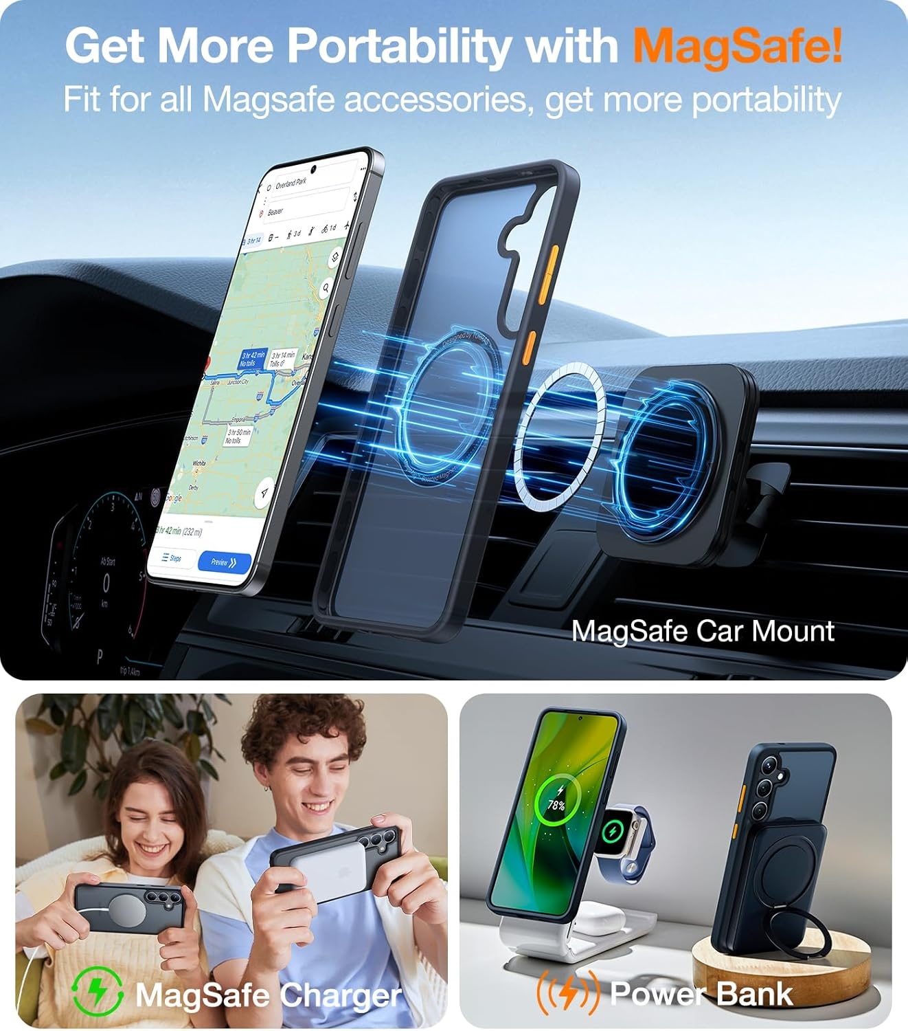 image:imageTORRAS Magnetic Shockproof for Samsung Galaxy S24 Ultra Case 18N Strong Magnetic 12 FT MilGrade Protection Compatible with MagSafe Protective Translucent Matte Slim Case Guardian Mag GrayBlack