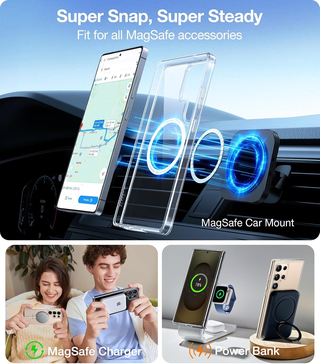 image:imageTORRAS Magnetic Shockproof for Samsung Galaxy S24 Ultra Case 18N Strong Magnetic 12 FT MilGrade Protection Compatible with MagSafe Protective Translucent Matte Slim Case Guardian Mag GrayClear