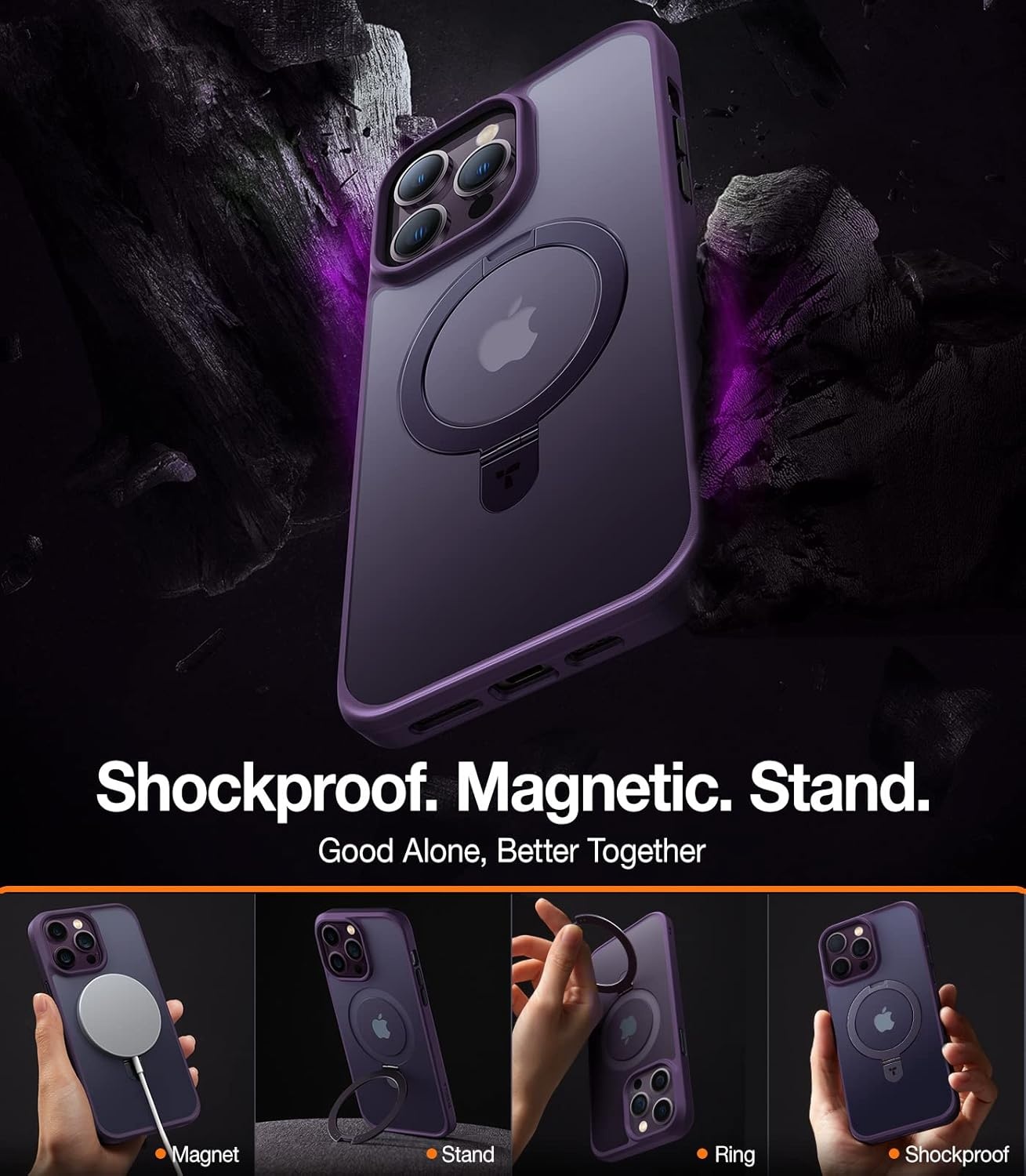 image:imageTORRAS Magnetic for iPhone 13 Pro Max Case 67 inch Fit for Magsafe with Stand Military Grade Drop Protection Shockproof Translucent Back Slim Protective Phone Case 2021 BlackPurple