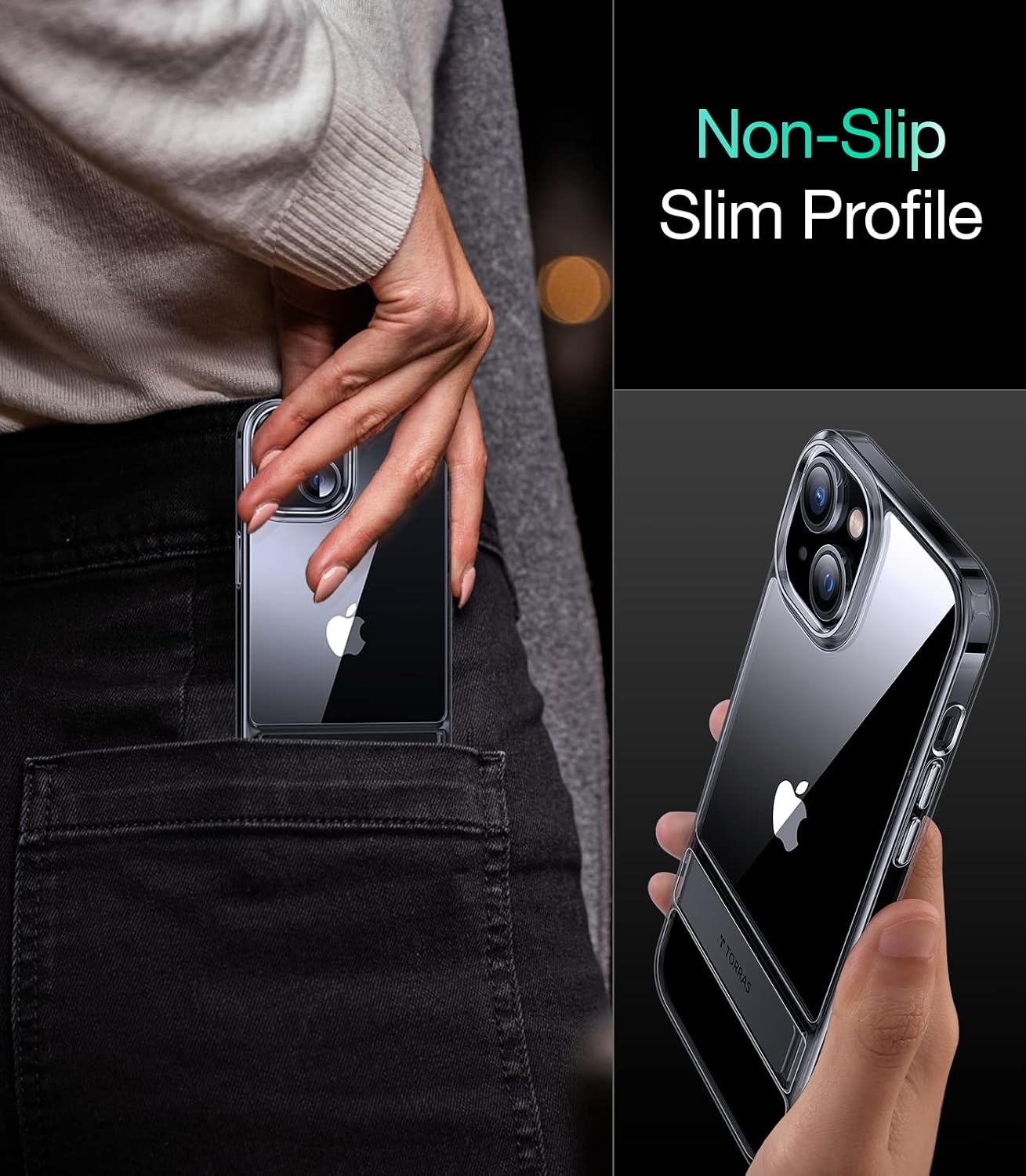 image:imageTORRAS MoonClimber for iPhone 15 Plus Case 3 Stand WaysNonYellowing Military Grade Shockproof Protective Slim Hard Clear Phone Case with Stand 67 2022 Black