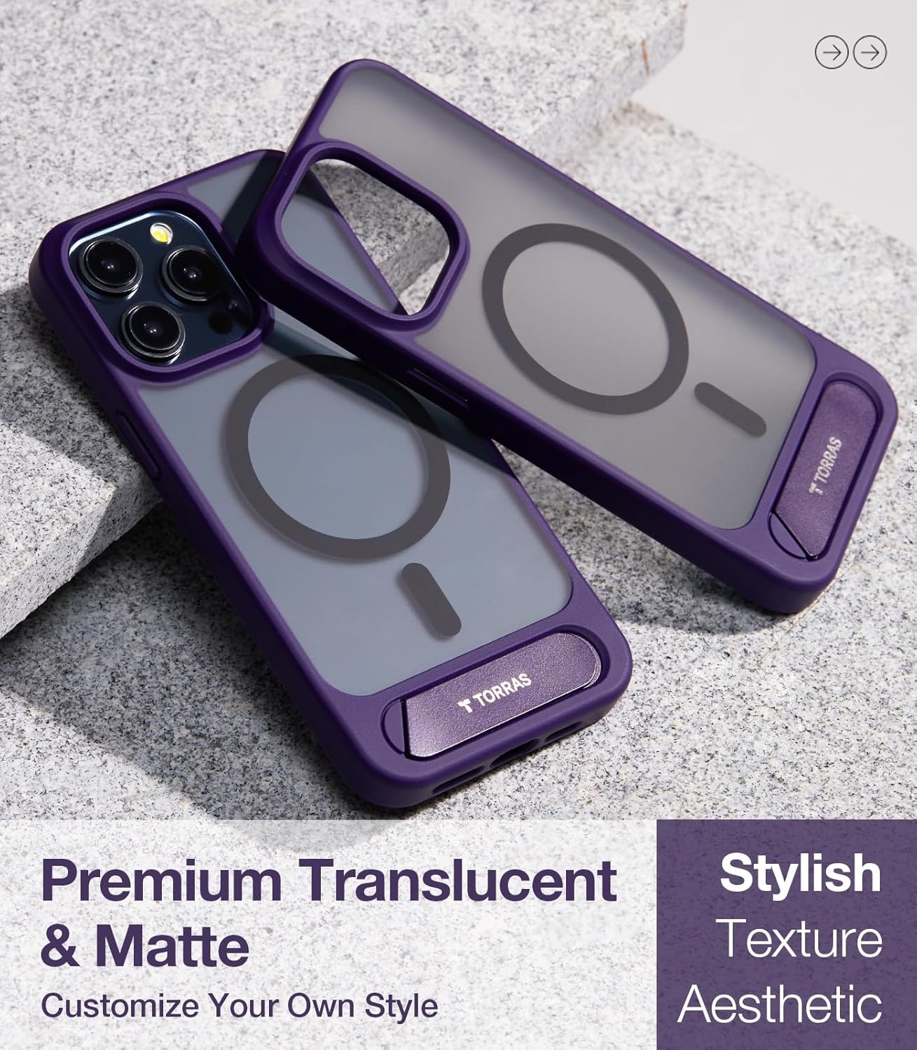 image:imageTORRAS for iPhone 13 Pro Max Case Translucent Black Strong Magnetic amp Seamless Stand Fit for MagSafe MilitaryGrade Drop Protection Sturdy Adjustable Builtin Kickstand Slim Matte FinishPurple