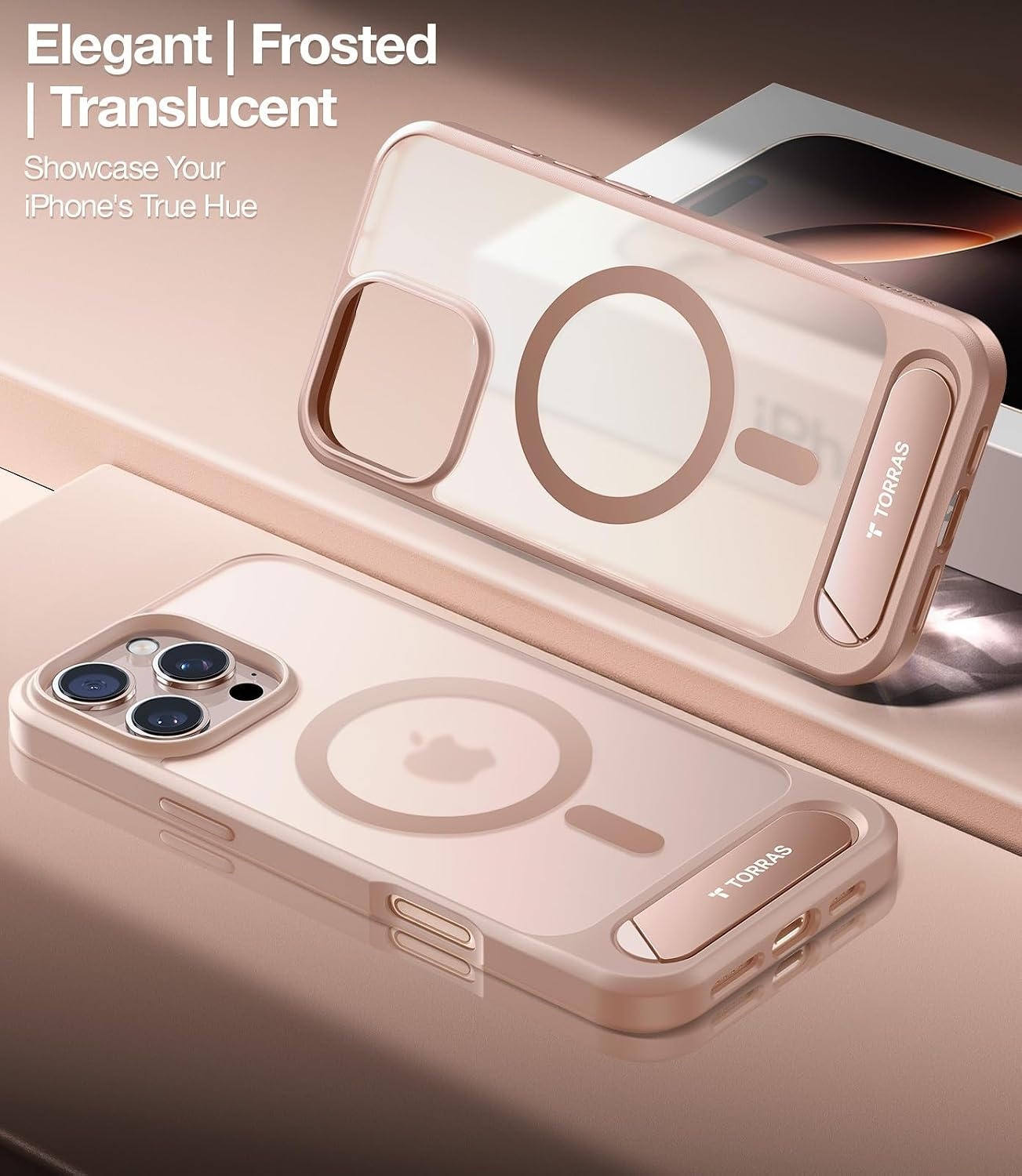 image:imageTORRAS for iPhone 13 Pro Max Case Translucent Black Strong Magnetic amp Seamless Stand Fit for MagSafe MilitaryGrade Drop Protection Sturdy Adjustable Builtin Kickstand Slim Matte FinishDesert Titanium Gold