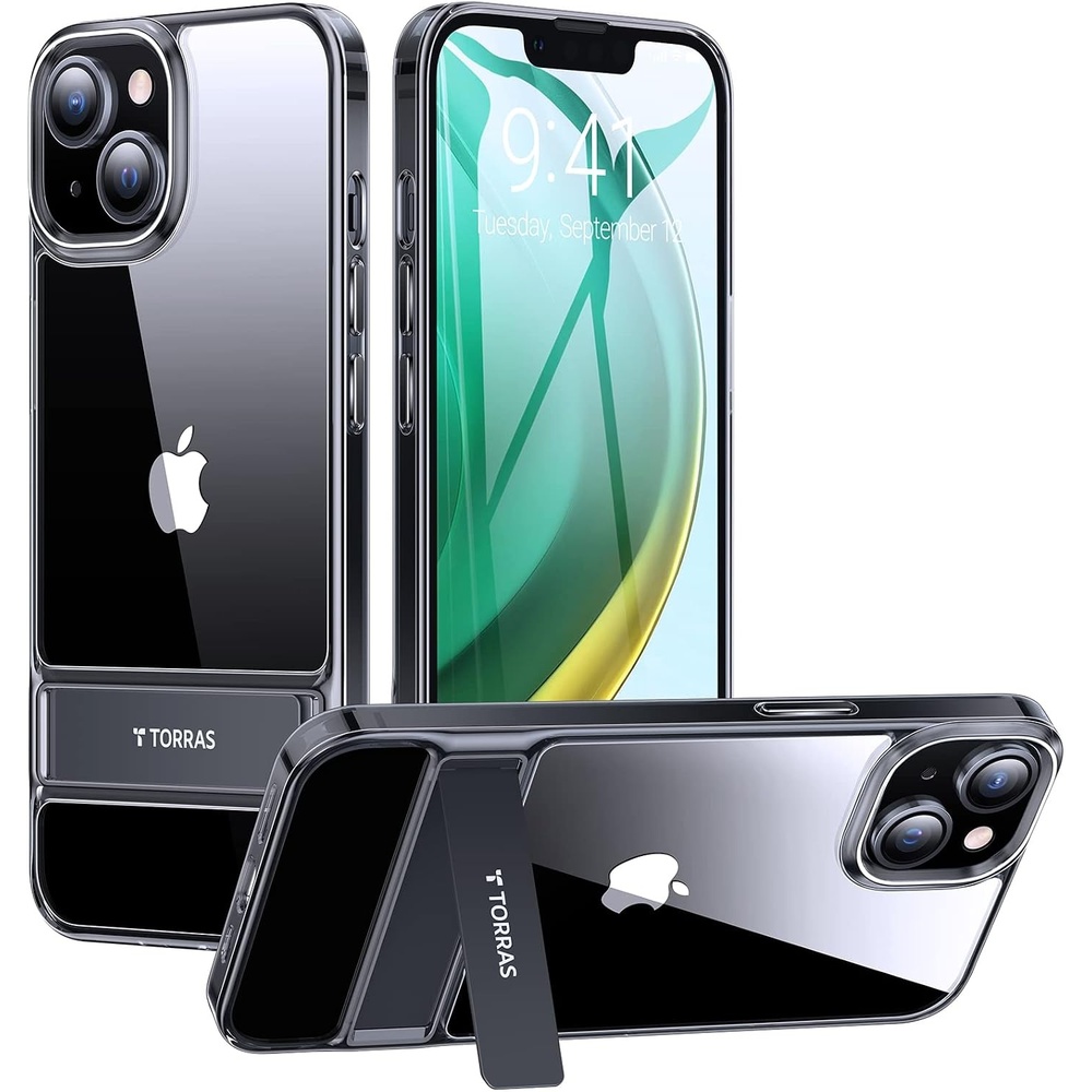 image:imageTORRAS MoonClimber for iPhone 15 Plus Case 3 Stand WaysNonYellowing Military Grade Shockproof Protective Slim Hard Clear Phone Case with Stand 67 2022 Black