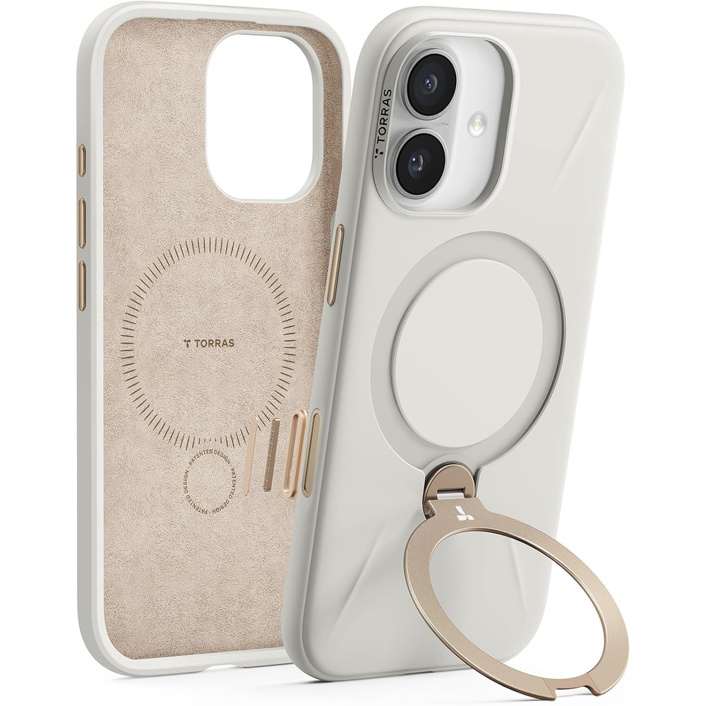 image:imageTORRAS Ostand Q3 Silicone for iPhone 17 Case Fit for MagSafe 360 Ring Holder Kickstand Soft Liquid Silicone Cozy Grip Camera Control Shockproof Rugged Protective Case for iPhone 17 Ivory Gold