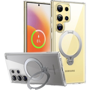 TORRAS 360°Spin Magnetic Stand for Samsung Galaxy S24 Ultra Case, Compatible with Magsafe, Shockproof Military Grade Protective Slim Galaxy S24 Ultra Phone Case with Kickstand & Ring Holder, Purple(S24 Ultra-Clear)