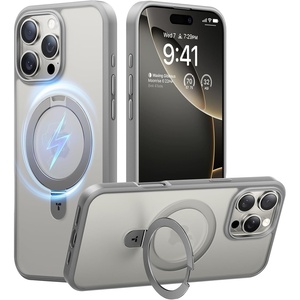 TORRAS Magnetic Kickstand for iPhone 13/ iPhone 14 Case [Compatible with MagSafe][Sturdy & Versatile Stand] Military-Grade Shockproof Translucent Slim Protective Anti-Fingerprint Anti-Scratch, Black(Natural Titanium)