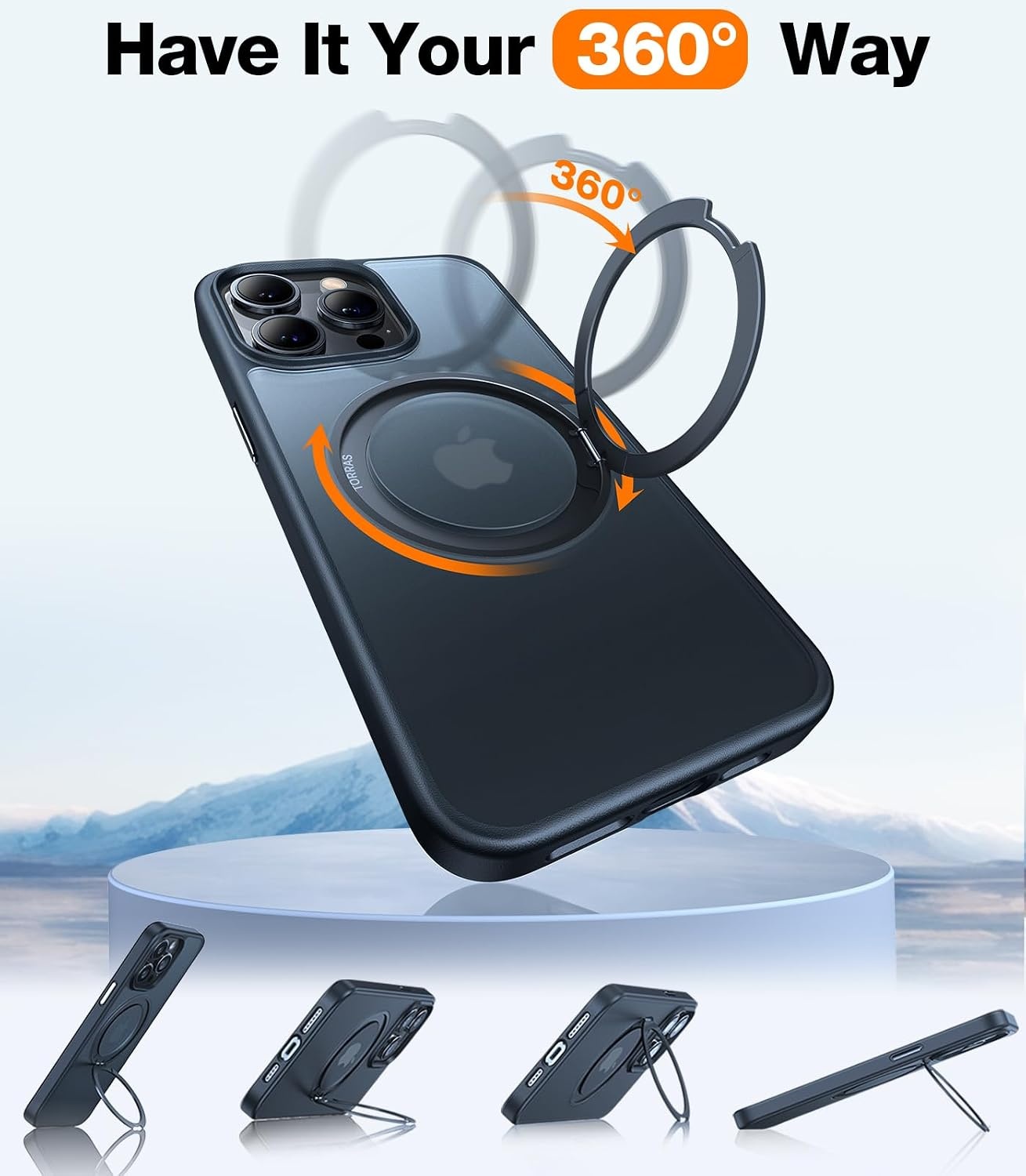 image:imageTORRAS 2024 Upgraded 360 Rotatable Ring for iPhone 13 Pro Case Fit for Magsafe with Stand Magnetic Ring Holder Military Grade Shockproof Translucent Back Slim Phone Case Ostand R Space Black