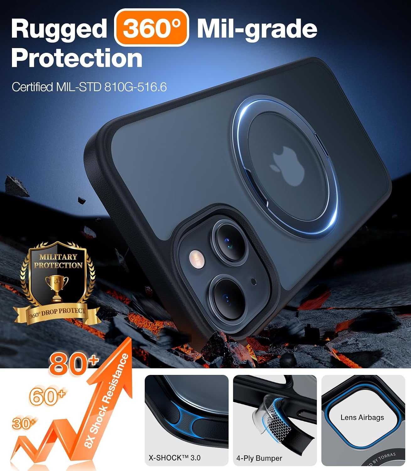 image:imageTORRAS 360 Rotatable Ring for iPhone 15 Plus Case iPhone 14 Plus Case Compatible with MagSafe Stand Holder Military Drop Tested Shockproof Translucent Case for iPhone 15 Plus Phone Case Black