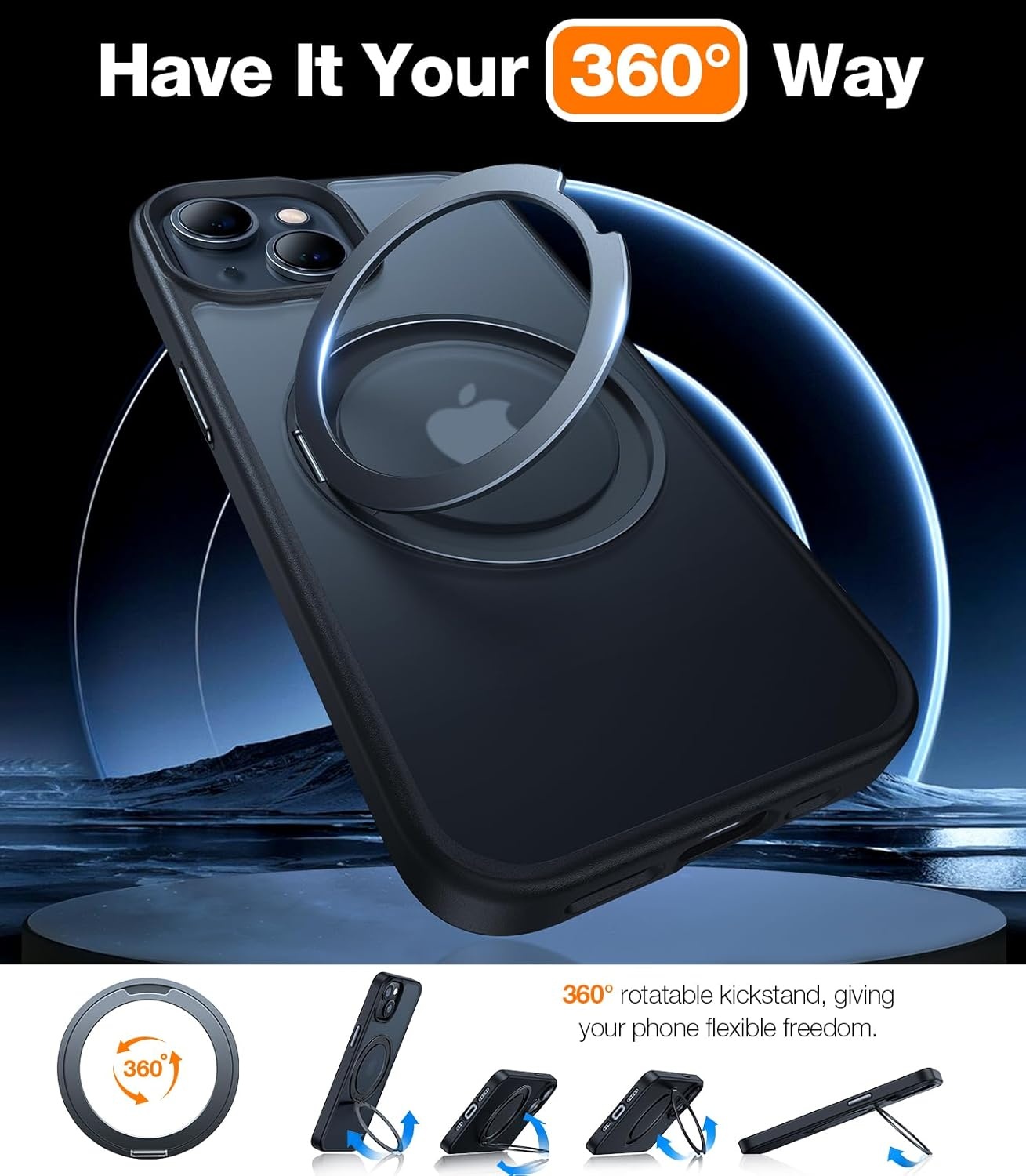 image:imageTORRAS 360 Rotatable Ring for iPhone 15 Plus Case iPhone 14 Plus Case Compatible with MagSafe Stand Holder Military Drop Tested Shockproof Translucent Case for iPhone 15 Plus Phone Case Black