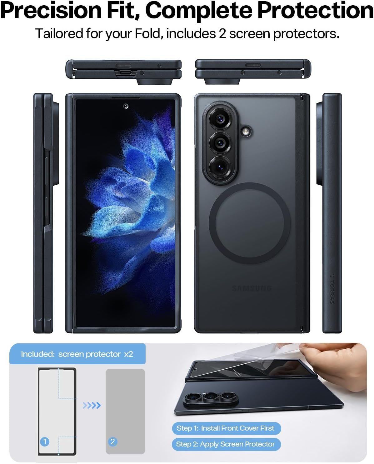 image:imageTORRAS Magnetic Slim for Samsung Galaxy Z Fold 8 Ultra Case Matte Black 2x Screen Protector Included Fit for MagSafe 4X Military Grade Hinge Protection Shockproof Translucent SilkSmooth FeelBlack
