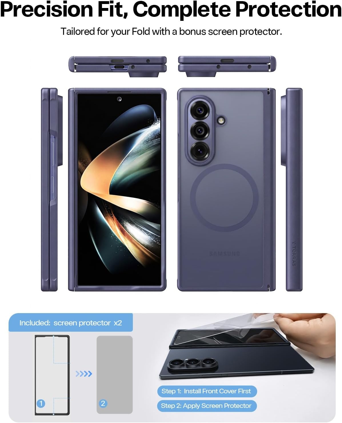 image:imageTORRAS Magnetic Slim for Samsung Galaxy Z Fold 8 Ultra Case Matte Black 2x Screen Protector Included Fit for MagSafe 4X Military Grade Hinge Protection Shockproof Translucent SilkSmooth FeelViolet Purple