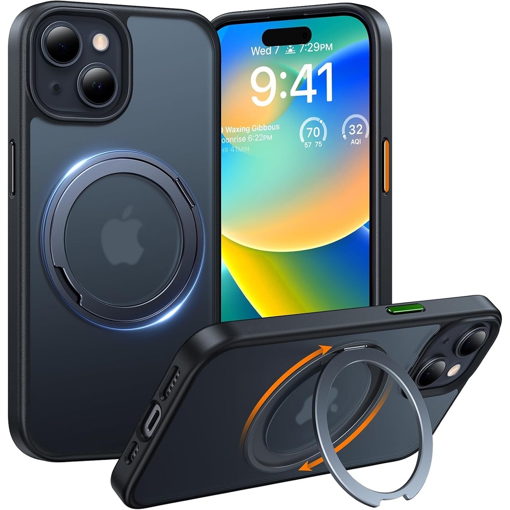 image:imageTORRAS 360 Rotatable Ring for iPhone 15 Plus Case iPhone 14 Plus Case Compatible with MagSafe Stand Holder Military Drop Tested Shockproof Translucent Case for iPhone 15 Plus Phone Case Black