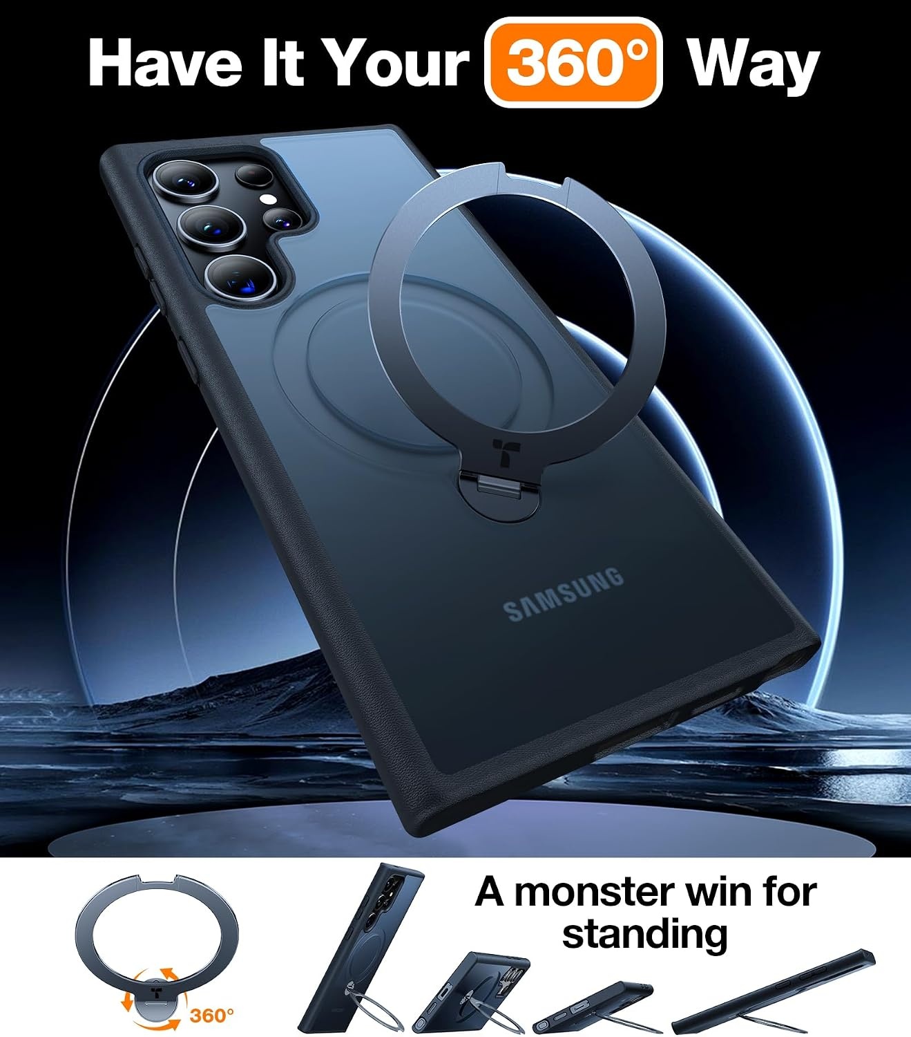image:imageTORRAS Q3 Spin for Samsung Galaxy S26 Case 360 Magnetic Stand Black Compatible with MagSafe 4X MilitaryGrade Shockproof Builtin Kickstand Slim Phone Case for Samsung Galaxy S26S24 UltraBlack