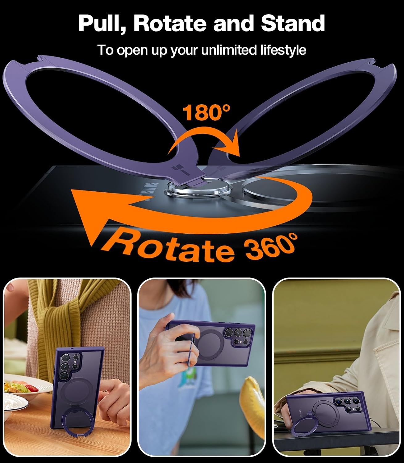 image:imageTORRAS Q3 Spin for Samsung Galaxy S26 Case 360 Magnetic Stand Black Compatible with MagSafe 4X MilitaryGrade Shockproof Builtin Kickstand Slim Phone Case for Samsung Galaxy S26Purple