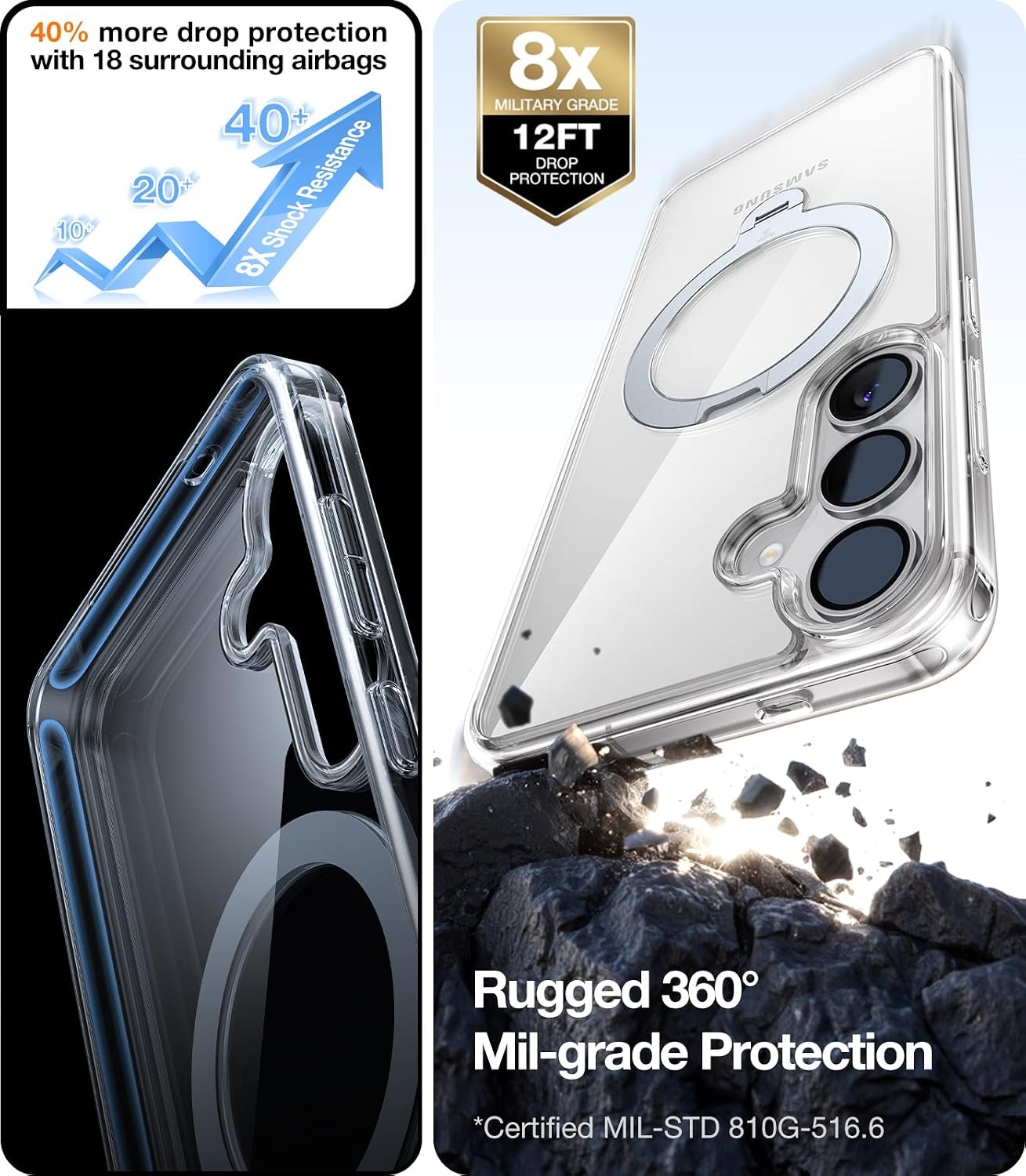 image:imageTORRAS Q3 Spin for Samsung Galaxy S26 Case 360 Magnetic Stand Black Compatible with MagSafe 4X MilitaryGrade Shockproof Builtin Kickstand Slim Phone Case for Samsung Galaxy S26Crystal Clear