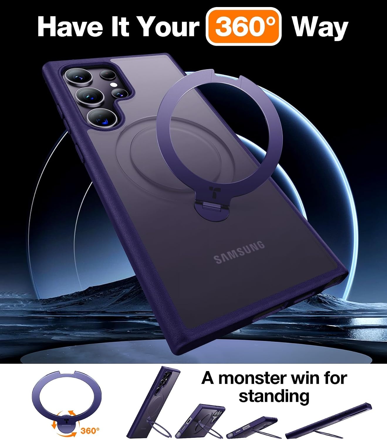 image:imageTORRAS Q3 Spin for Samsung Galaxy S26 Case 360 Magnetic Stand Black Compatible with MagSafe 4X MilitaryGrade Shockproof Builtin Kickstand Slim Phone Case for Samsung Galaxy S26Purple