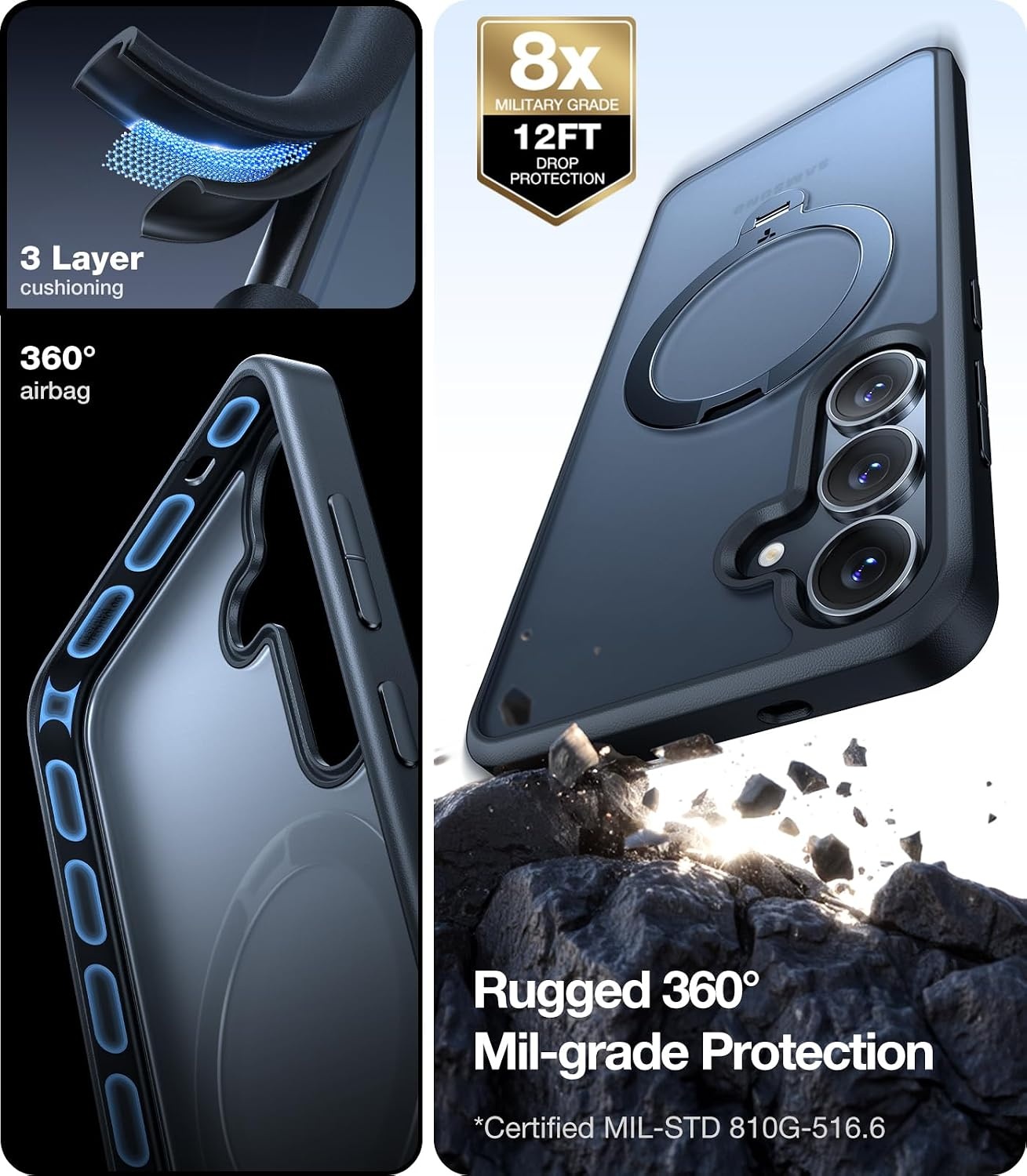 image:imageTORRAS Q3 Spin for Samsung Galaxy S26 Case 360 Magnetic Stand Black Compatible with MagSafe 4X MilitaryGrade Shockproof Builtin Kickstand Slim Phone Case for Samsung Galaxy S26Matte Black