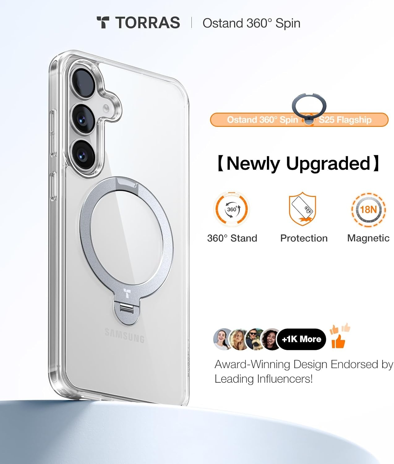 image:imageTORRAS Q3 Spin for Samsung Galaxy S26 Case 360 Magnetic Stand Black Compatible with MagSafe 4X MilitaryGrade Shockproof Builtin Kickstand Slim Phone Case for Samsung Galaxy S26Crystal Clear