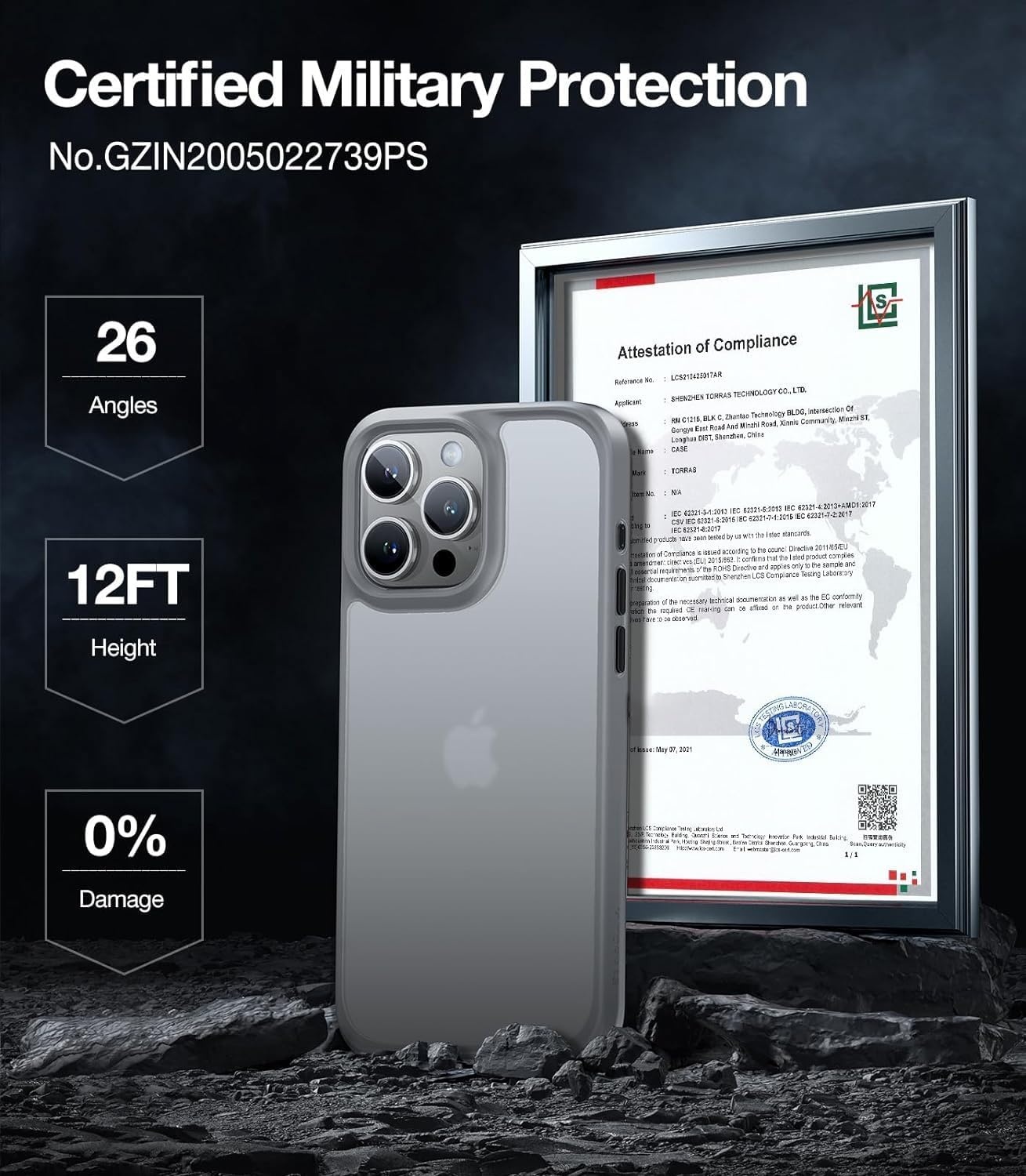 image:imageTORRAS Shockproof for iPhone 15 ProMax Case Gray 12FT Military Grade Drop Tested Translucent Slim Protective Matte Hard Plastic Back Phone Case for iPhone 15 Pro Max Case 67 5G Guardian GreyGray Titanium