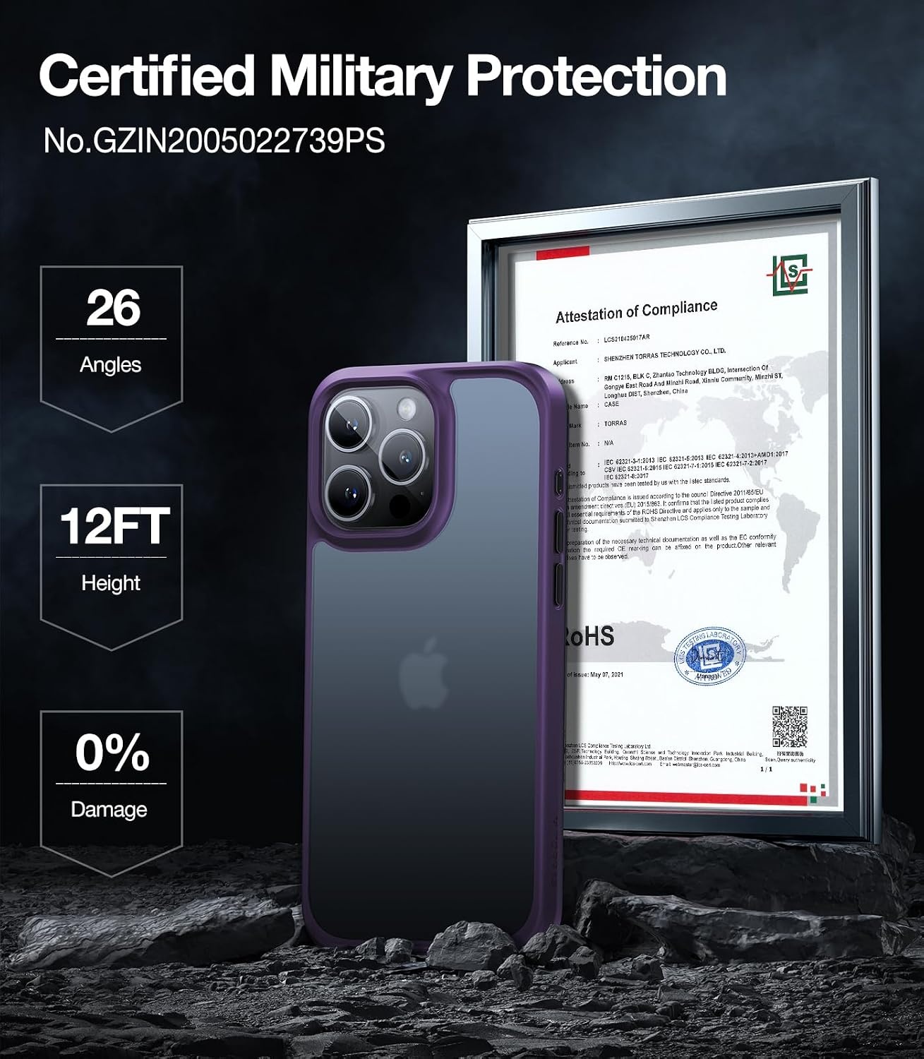 image:imageTORRAS Shockproof for iPhone 15 ProMax Case Gray 12FT Military Grade Drop Tested Translucent Slim Protective Matte Hard Plastic Back Phone Case for iPhone 15 Pro Max Case 67 5G Guardian GreyPurple