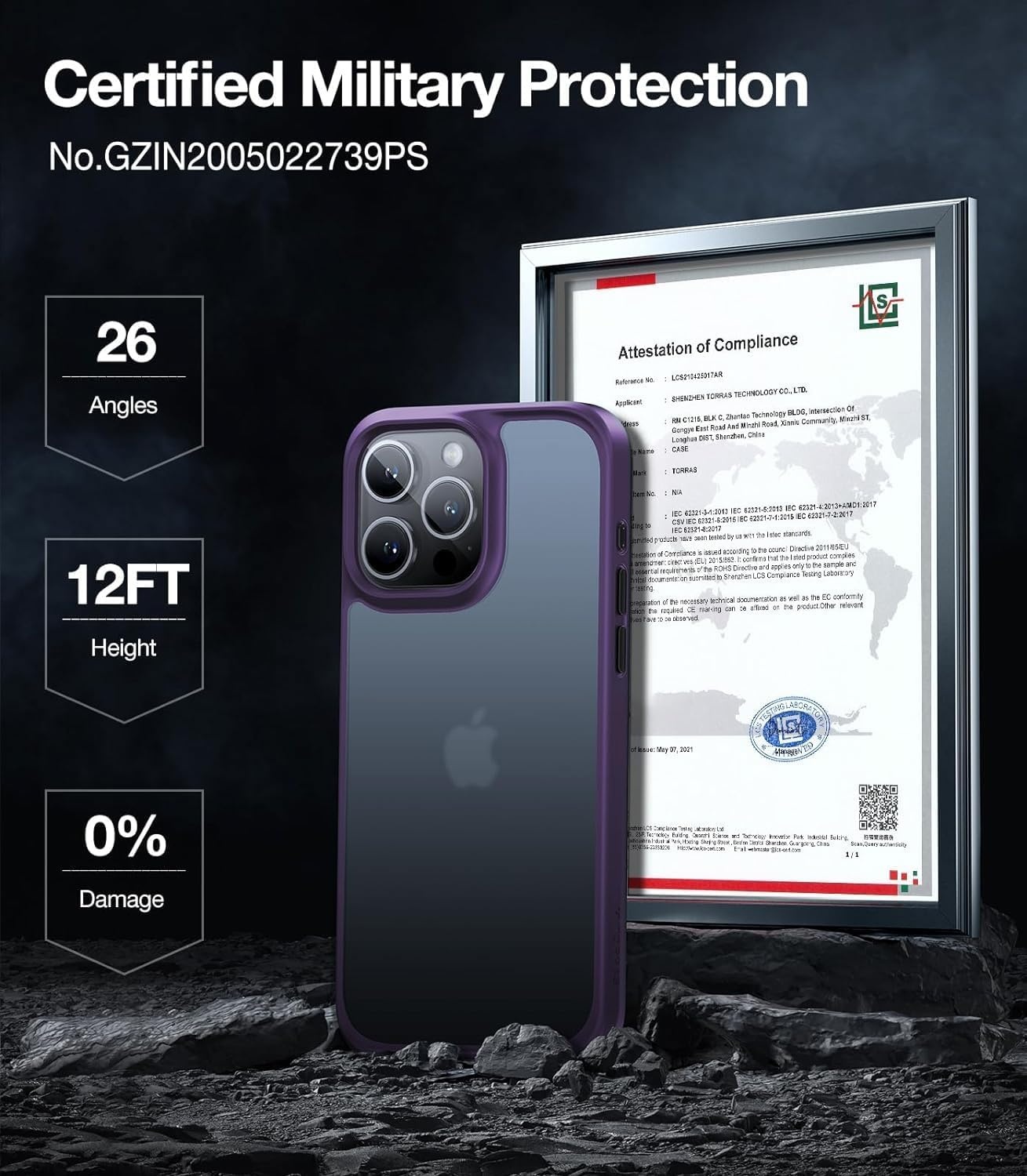 image:imageTORRAS Shockproof for iPhone 15 ProMax Case Gray 12FT Military Grade Drop Tested Translucent Slim Protective Matte Hard Plastic Back Phone Case for iPhone 15 Pro Max Case 67 5G Guardian GreyPurple
