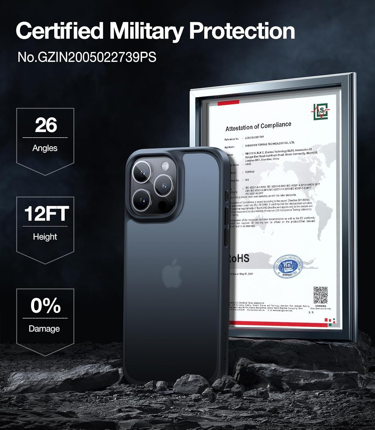 image:imageTORRAS Shockproof for iPhone 15 ProMax Case Gray 12FT Military Grade Drop Tested Translucent Slim Protective Matte Hard Plastic Back Phone Case for iPhone 15 Pro Max Case 67 5G Guardian GreyBlack